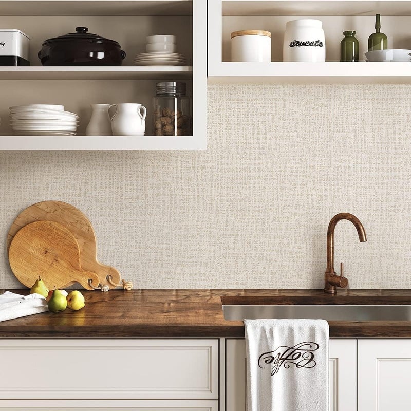 lenify Beige Wallpaper Grasscloth Peel and Stick Wallpaper Beige Contact Paper for Walls 17.7 in x 590.5in Textured Wall Paper Vinyl Grasscloth Faux Linen Peel and Stick Self Adhesive Vinyl - Image 2